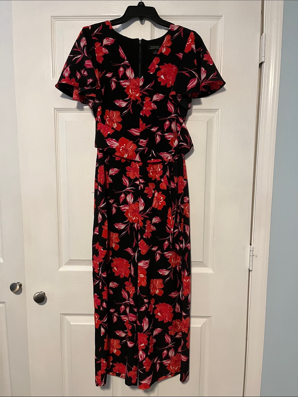 Tahari Black Jumpsuit with Red Floral Print size 2